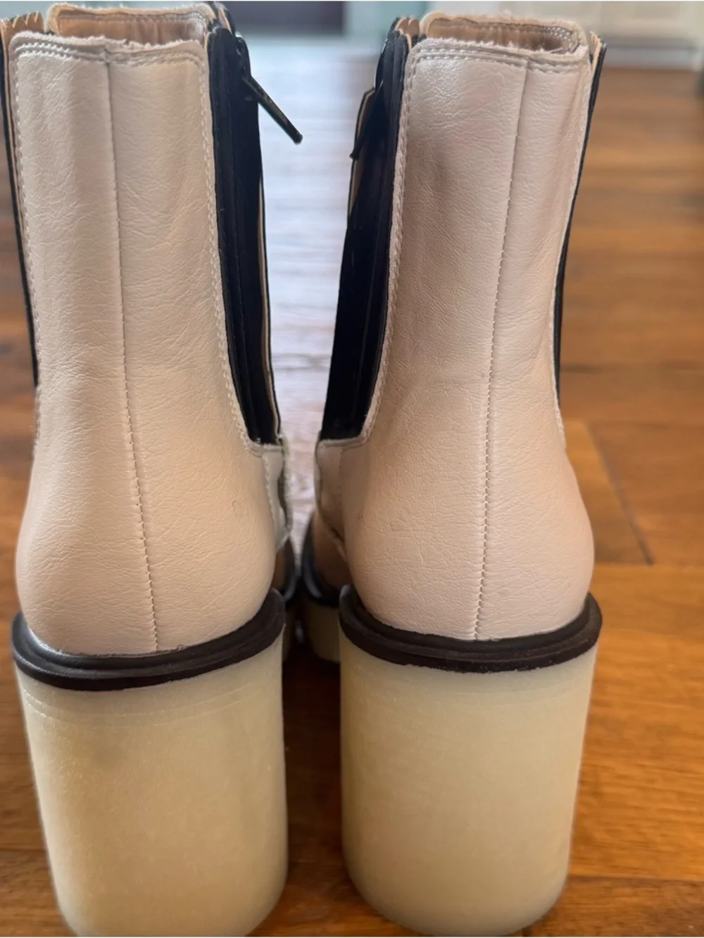Cream Chelsea Heeled Ankle Boots with Black Elastic Panels - Picture 6 of 13